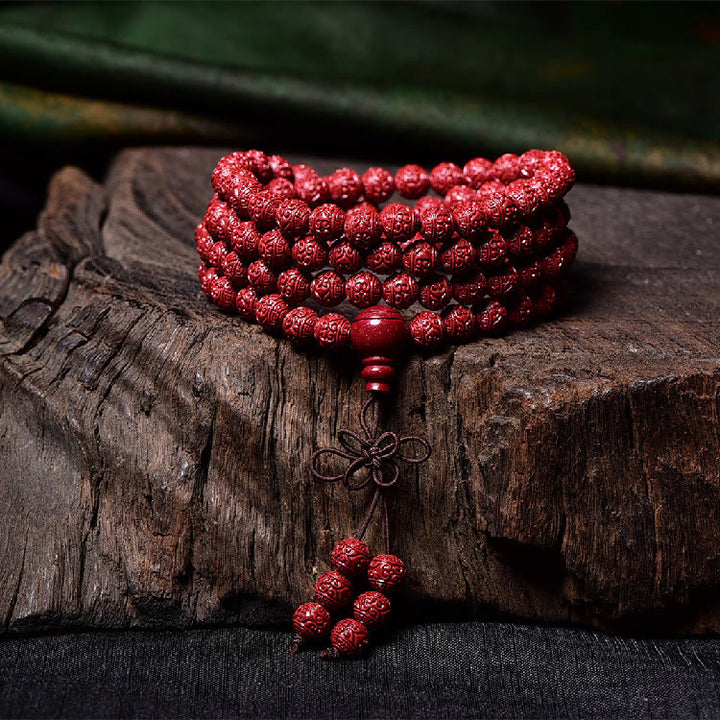 Buddha Stones 108 Mala kralen met cinnaber Om Mani Padme Hum patroon gegraveerde Armband - image 2