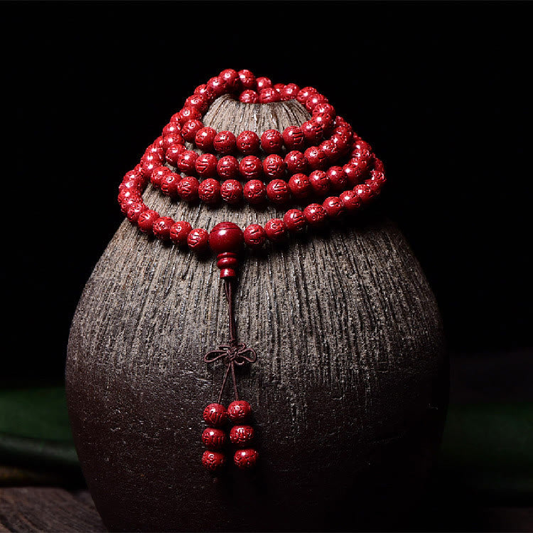 Buddha Stones 108 Mala kralen met cinnaber Om Mani Padme Hum patroon gegraveerde Armband - image 7