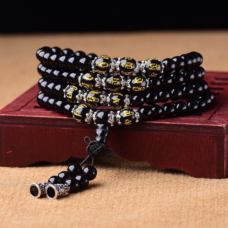 Buddha Stones Zwarte obsidiaan Mala Armband met de zes ware woorden ter bescherming - image 0