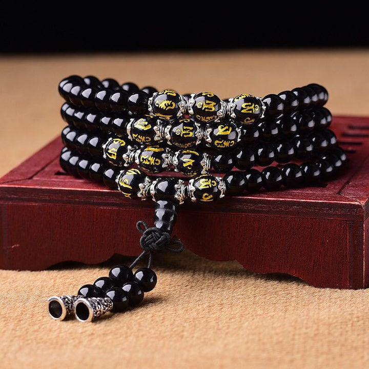 Buddha Stones Zwarte obsidiaan Mala Armband met de zes ware woorden ter bescherming - image 0