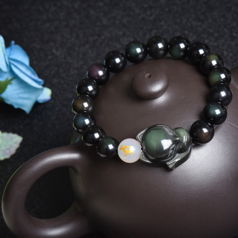 Buddha Stones Natuurlijke regenboogobsidiaan met gouden glans, obsidiaan met zilveren glans, obsidiaan met vossen Armband - Regenboogobsidiaan - Varken - image 0
