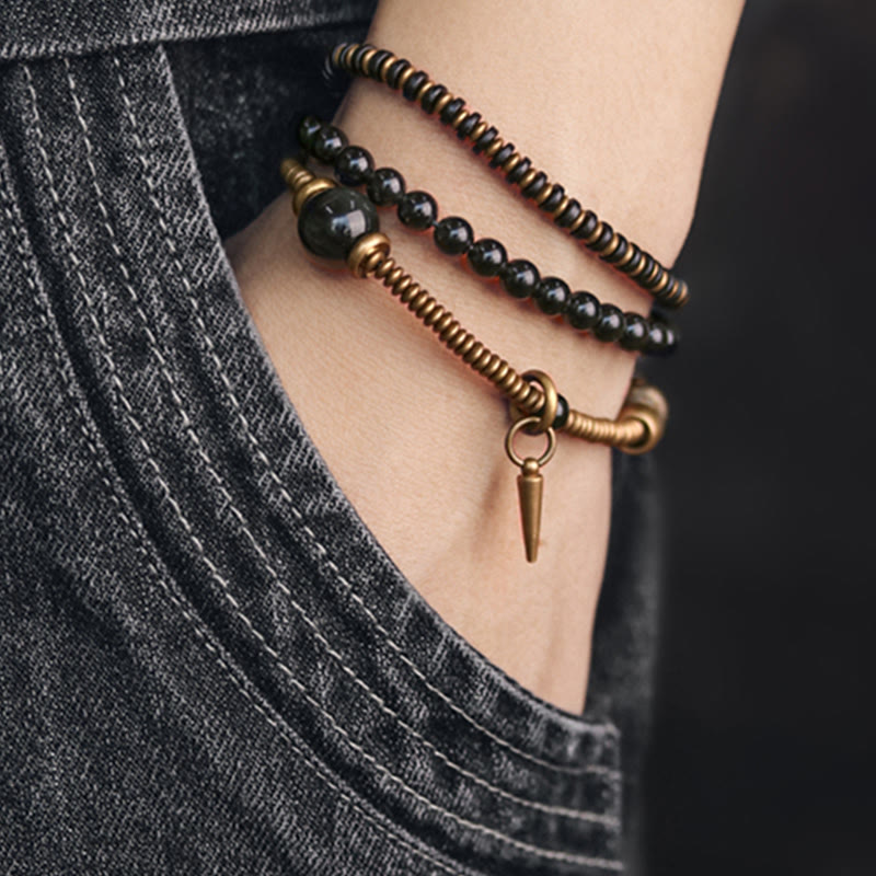 Buddha Stones Regenboog Obsidiaan Ebbenhout Koper Genezende Drievoudige Armband - image 5