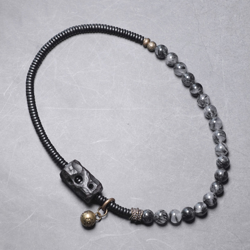 Buddha Stones Armband voor stellen met zwarte rutielkwarts, ebbenhout en koper, symbool van wijsheid. - image 12