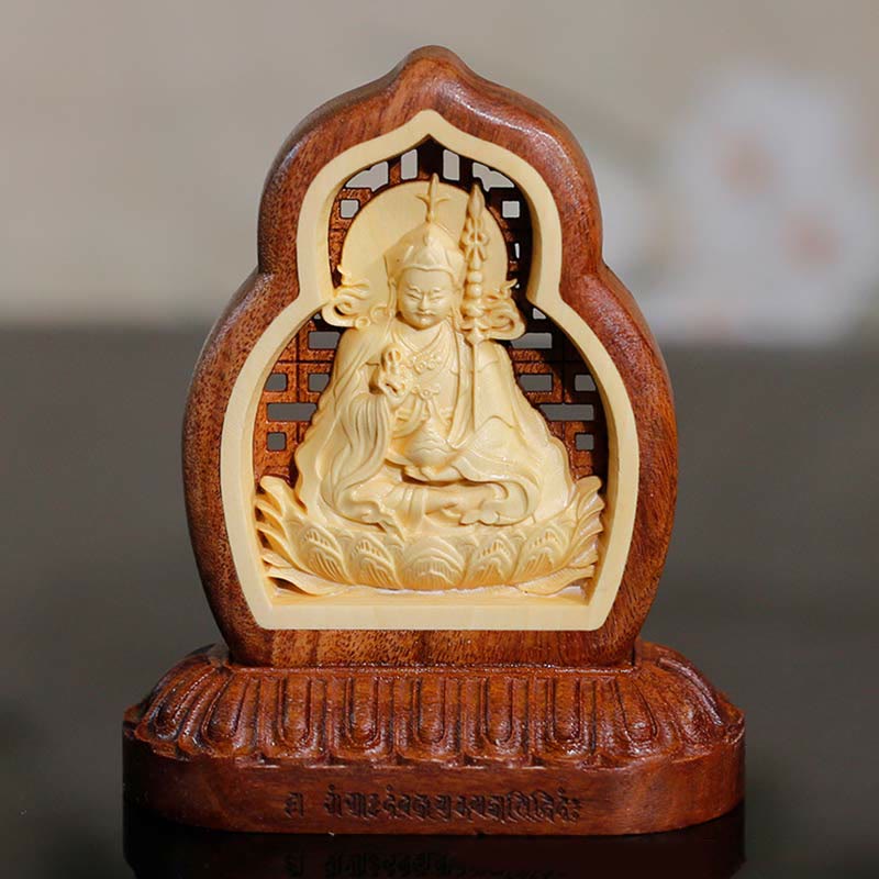 Buddha Stones Guru Rinpoche Boeddha Padmasambhavan Serenity Hout Gegraveerd Standbeeld Beeldje Decoratie - 7*7,5 cm - image 0