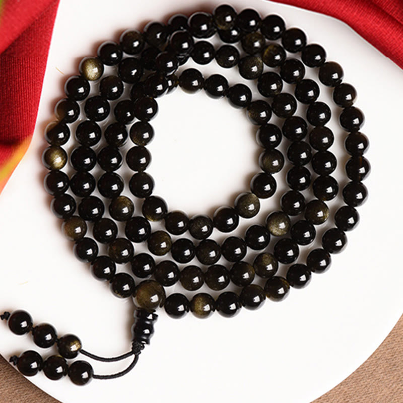 Buddha Stones 108 Mala kralen, natuurlijke goudglans obsidiaan, rijkdom Armband - image 11