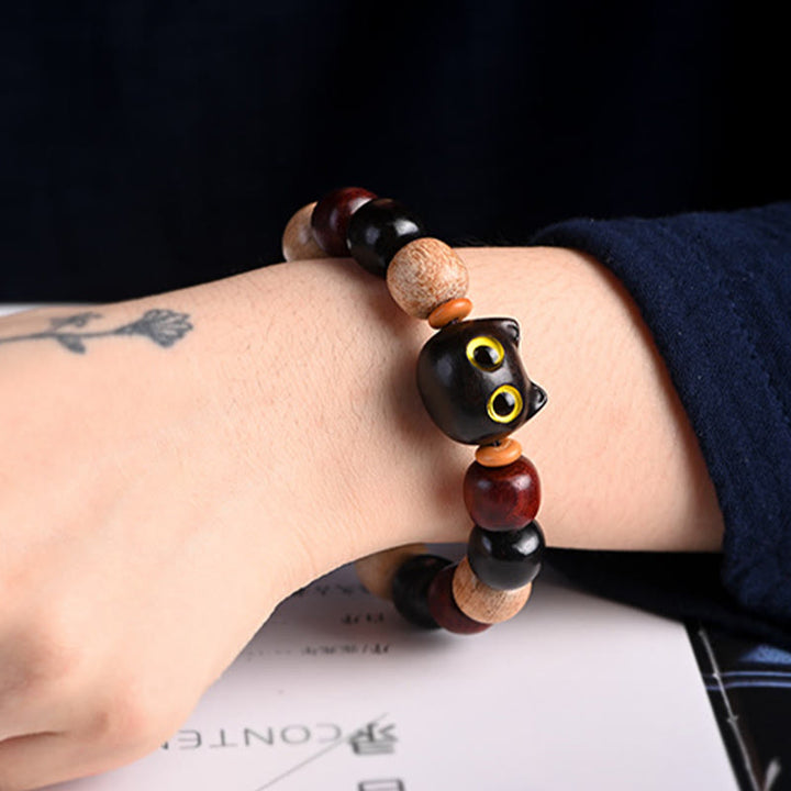Buddha Stones Armband met kleine blaadjes, rood sandelhout, ebbenhout en schattige kat, gegraveerd ter bescherming - image 5