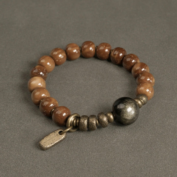 Buddha Stones Kuka-zaad, tijgeroog, goudkleurige obsidiaan, messing, koperen Armband - Kuka-zaad &amp; Obsidiaan met gouden glans - 17-17,5 cm - image 6
