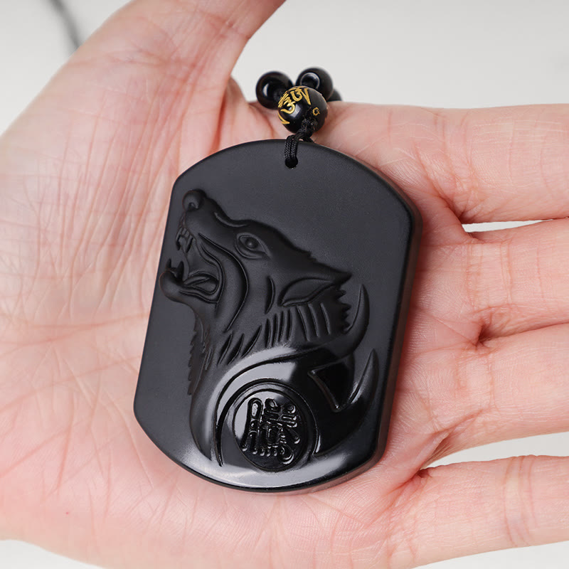 Buddha Stones Ketting met wolfmotief van zwarte obsidiaansteen - image 3