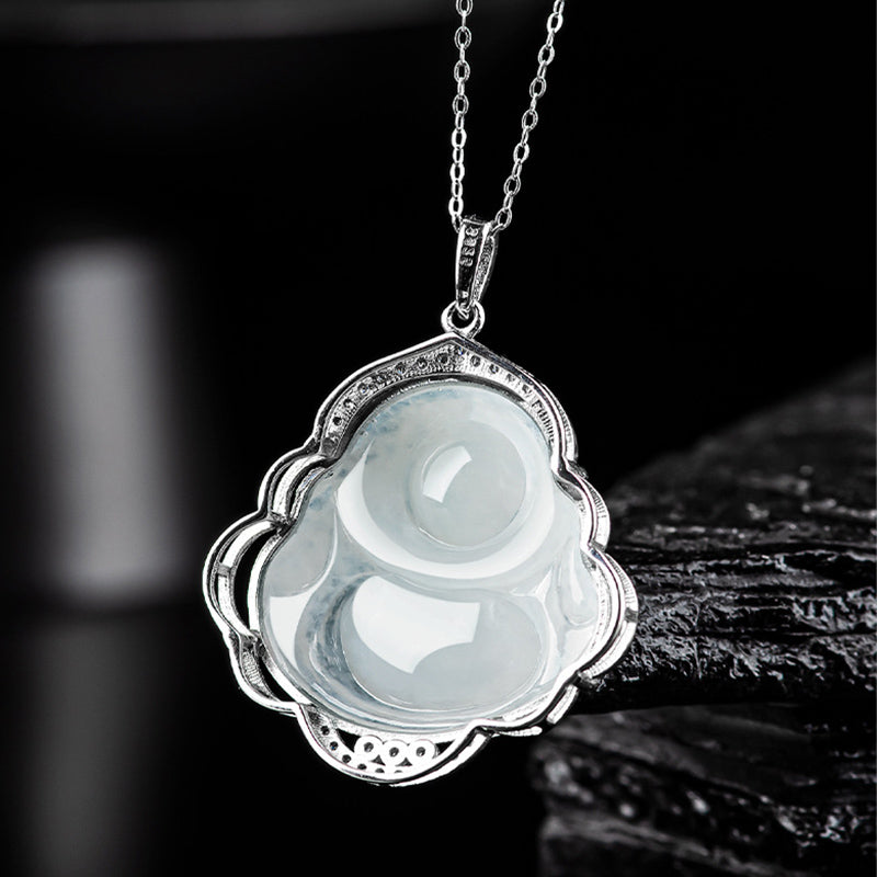Buddha Stones Lachende Boeddha hanger van natuurlijke jade en titanium stalen Ketting - image 6