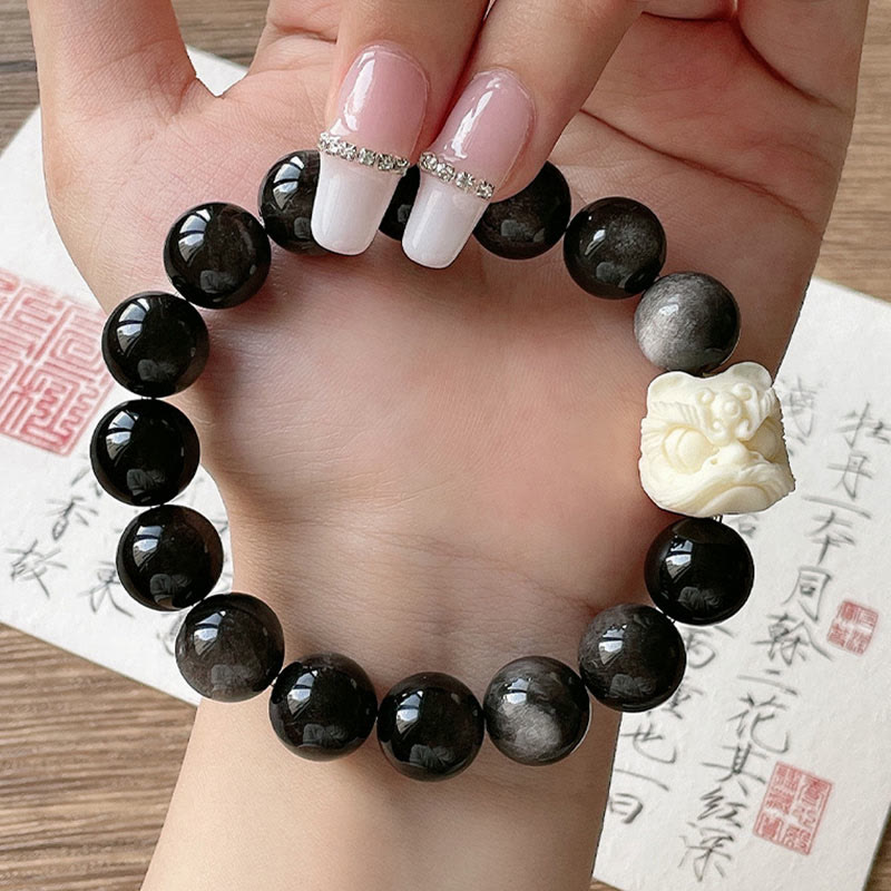 Buddha Stones Zilveren Obsidiaan Bodhizaad Ivoor Fruit Dansende Leeuw Armband - image 6
