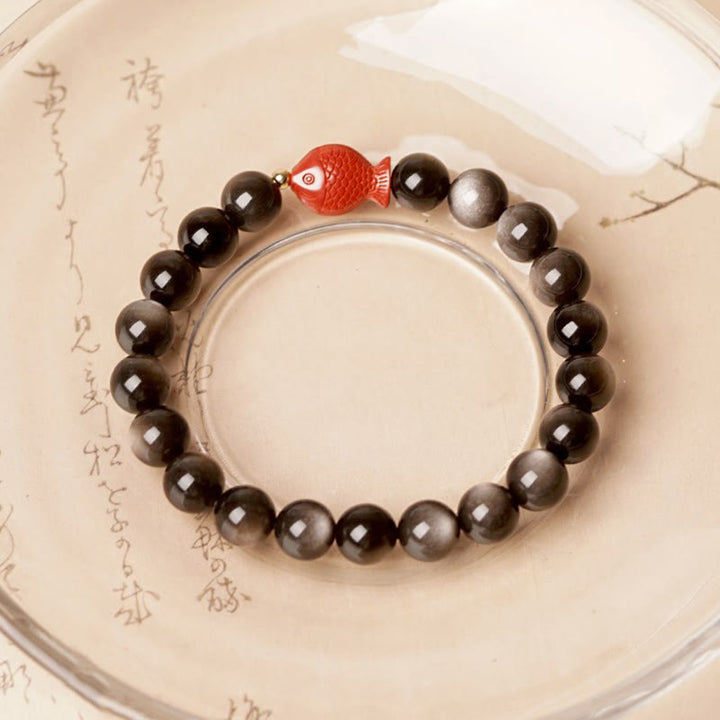Buddha Stones Natuurlijke zilverglans obsidiaan cinnaber koi vis kalmerende Armband - 10mm(Polsomtrek 14-16 cm) - image 1