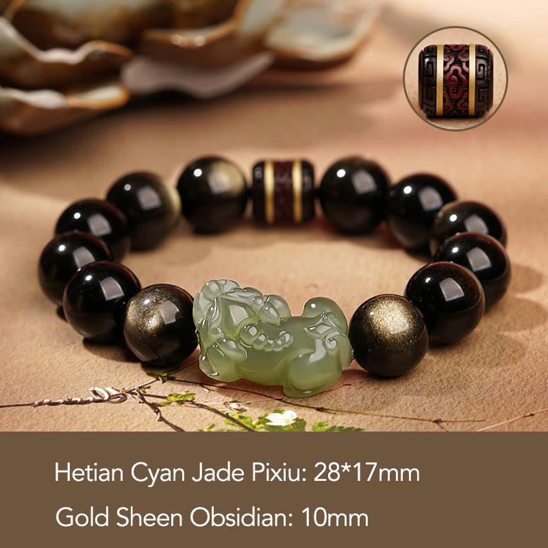 Buddha Stones Natuurlijke goudglans obsidiaan Hetian cyaan jade witte jade PiXiu rijkdom Armband - image 1