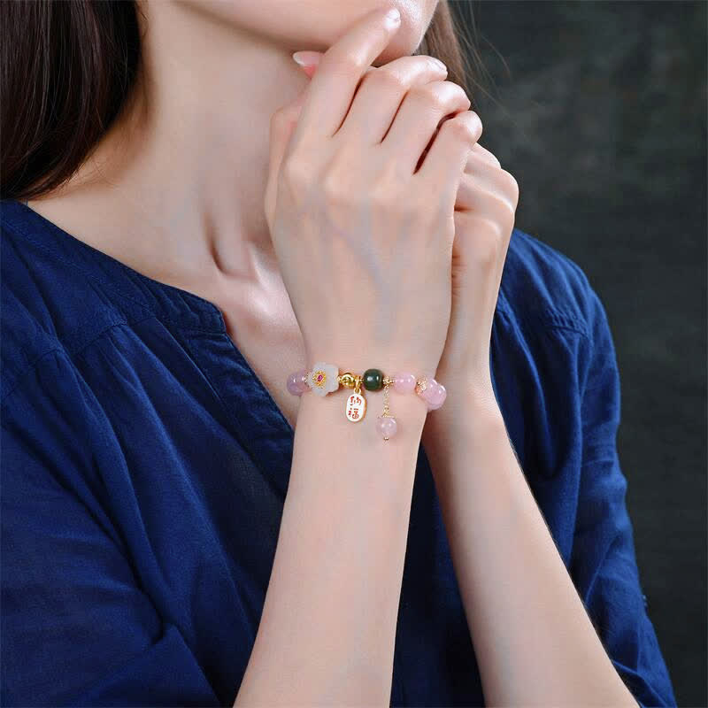 Buddha Stones Natuurlijke roze kristallen jade bloem warme liefde Armband - image 2