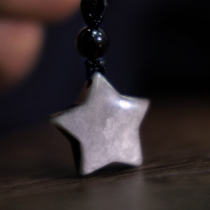Buddha Stones Natuurlijke zilverglanzende obsidiaan ster halve maan Ketting - image 1