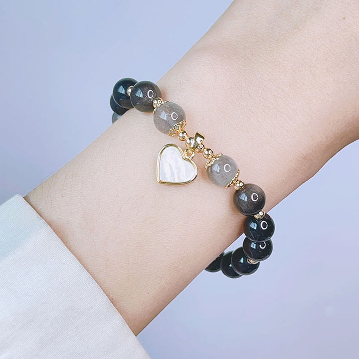 Buddha Stones Armband van obsidiaan met natuurlijke zilverglans, hart, ster en bloem. - image 3