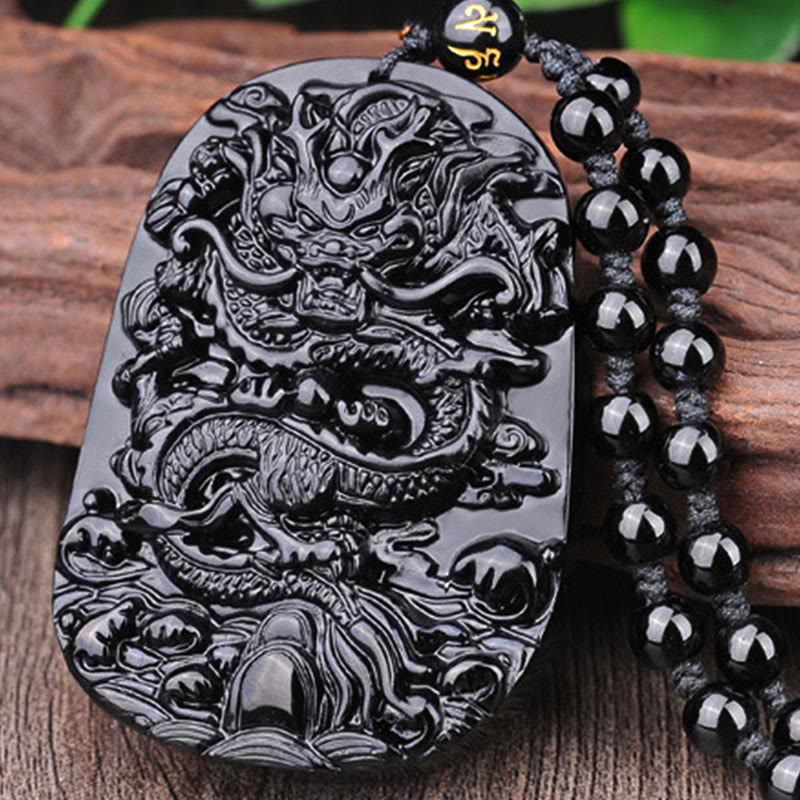 Buddha Stones Ketting met draak en symbool van vervulling van zwarte obsidiaansteen - image 8