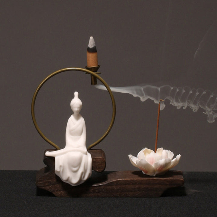 Buddha Stones Keramische lotusvormige wierookbrander voor Wierook meditatie. - Witte citer - image 4