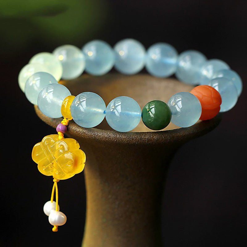 Buddha Stones Natuurlijke aquamarijn barnsteen Chinese knoop bedel Armband - image 8