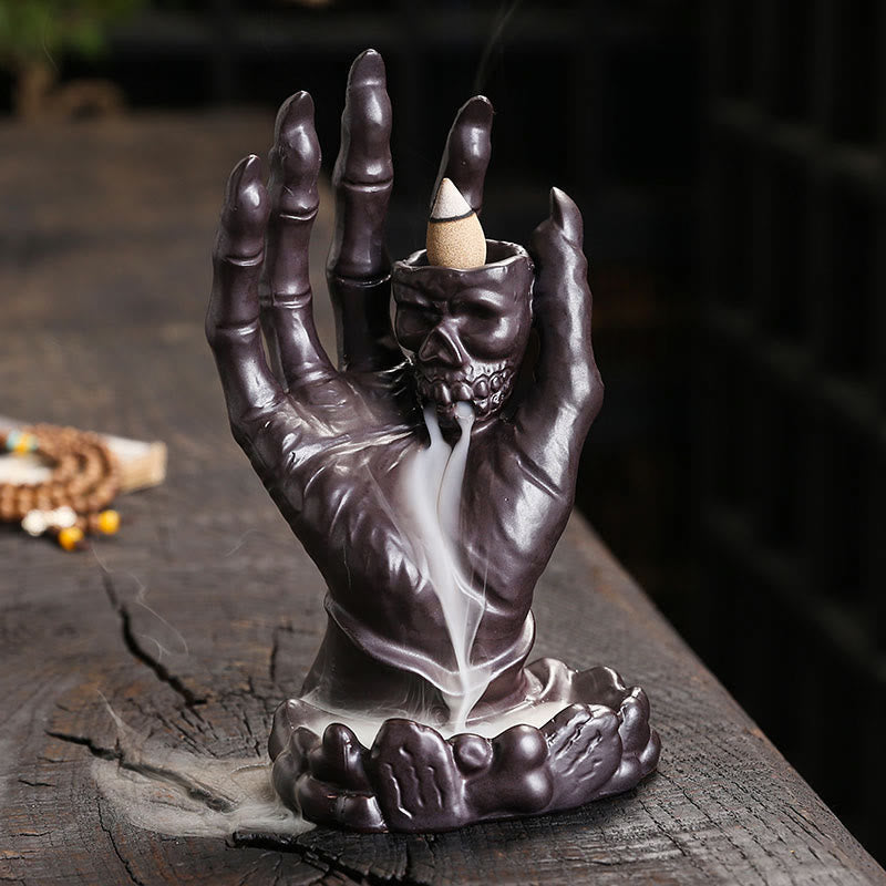 Buddha Stones Halloween spookhand schedel hoofd keramische vredes- en helende Wierook decoratie - Bruin 17*9,5*9,2 cm - image 0