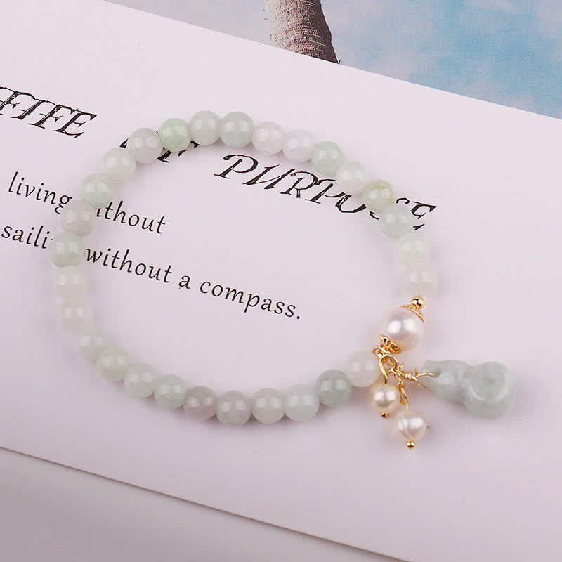 Buddha Stones Armband van natuurlijke jade, parel en kalebas voor voorspoed en geluk. - image 1