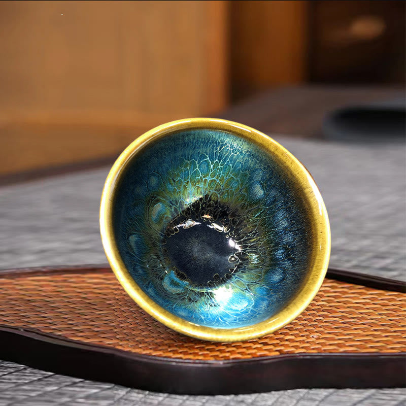 Buddha Stones Vintage handgemaakte Chinese Jianzhan theekop van keramiek met een kleurrijk blauw glazuur, een keramische Theekopje in Kung Fu-stijl. - image 1