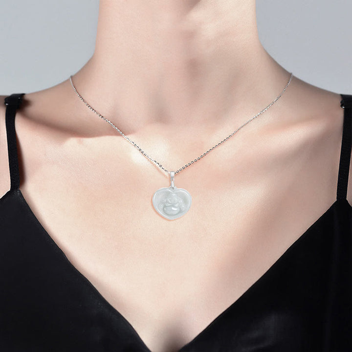 Buddha Stones Lachende Boeddha hanger van witte jade met gelukssymbool en titanium stalen Ketting . - image 7