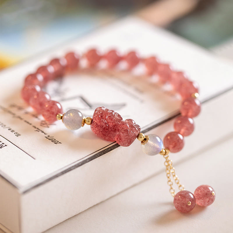 Buddha Stones Natuurlijke aardbeikwarts maansteen PiXiu liefde helende Armband - Aardbeikwarts en maansteen - image 0