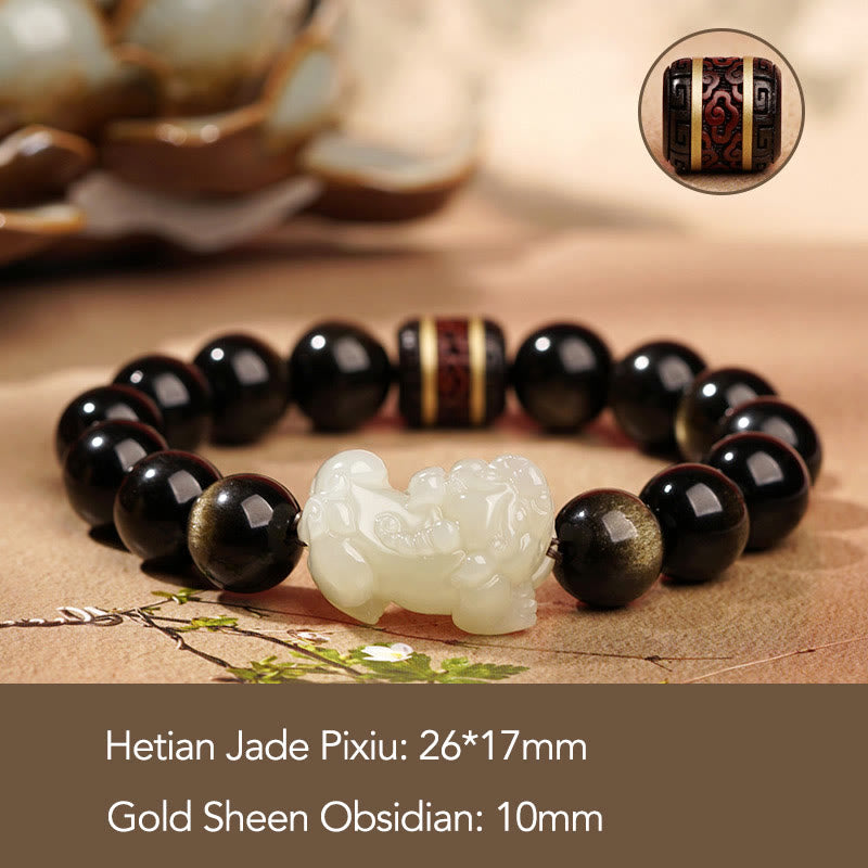 Buddha Stones Natuurlijke goudglans obsidiaan Hetian cyaan jade witte jade PiXiu rijkdom Armband - Goudkleurige Obsidiaan Witte Jade PiXiu 10mm(Dames) - image 6