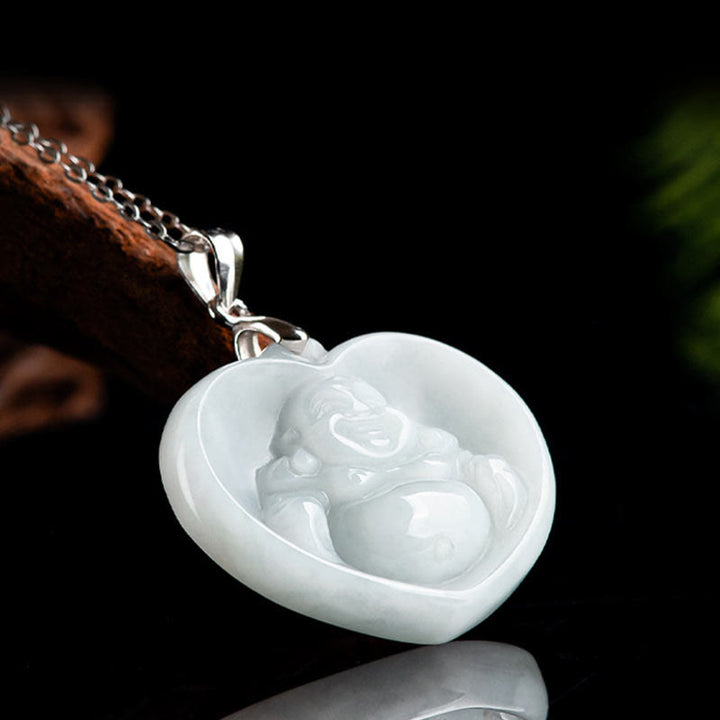 Buddha Stones Lachende Boeddha hanger van witte jade met gelukssymbool en titanium stalen Ketting . - image 2
