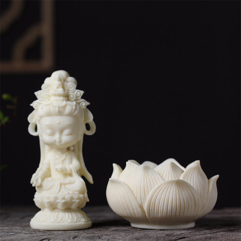Buddha Stones Mini ivoren fruit Kwan Yin Avalokitesvara Lotus Rijkdom Bureaudecoratie - image 4