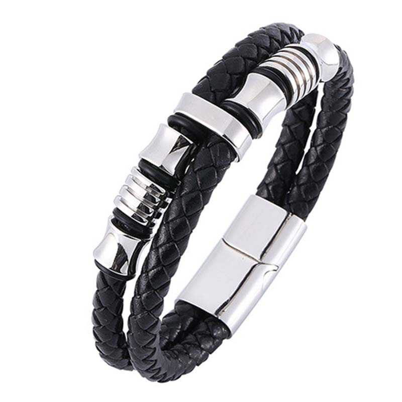 Buddha Stones Armband van gelaagd leer met weefpatroon - Zilver 20,5 cm - image 12