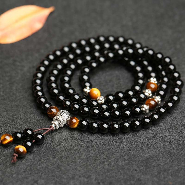 Buddha Stones Zwarte obsidiaan tijgeroog zegen Mala Armband - image 4