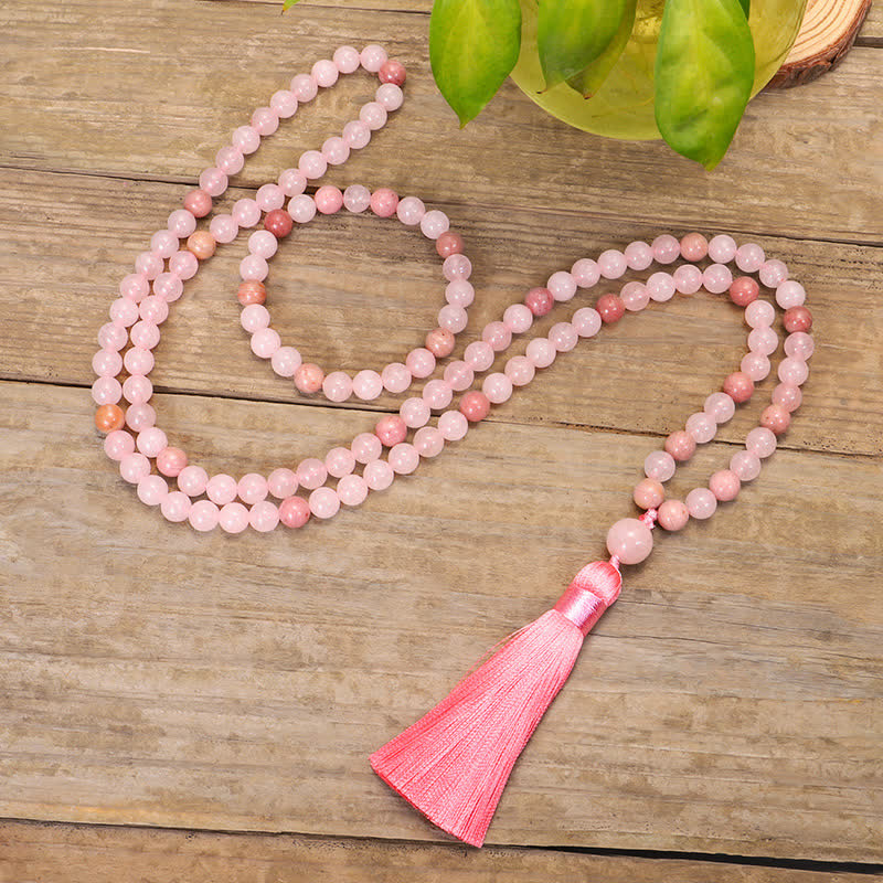 Buddha Stones Armband met 108 Mala kralen, roze kristallen en een liefdeskwastje. - image 0