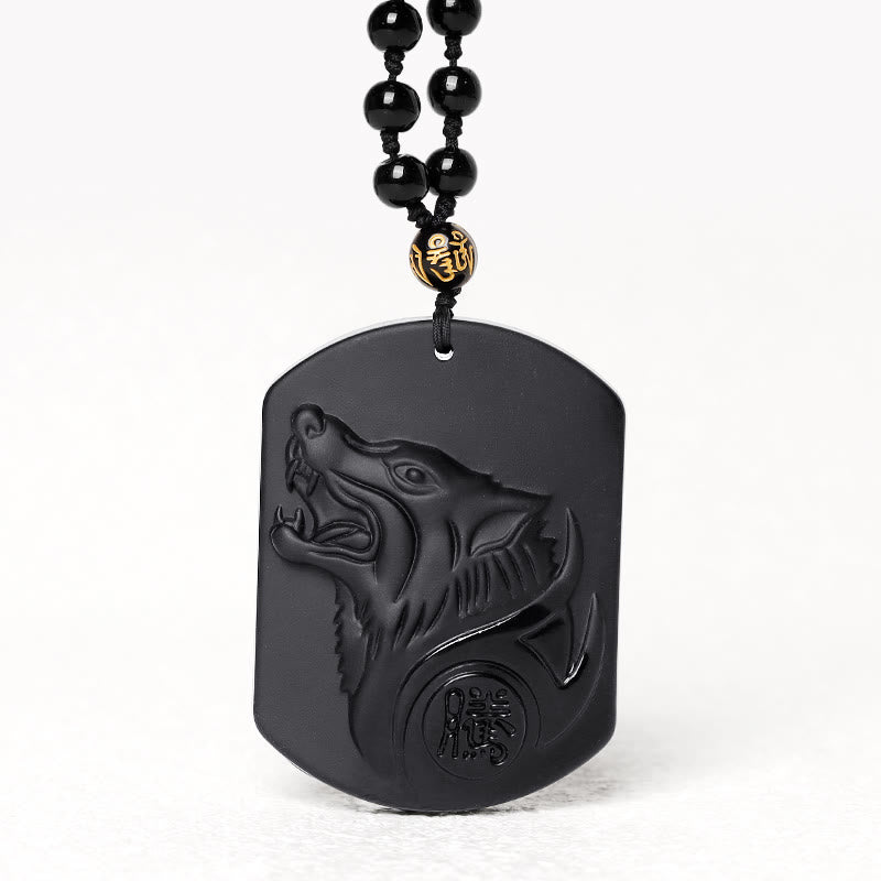 Buddha Stones Ketting met wolfmotief van zwarte obsidiaansteen - image 0