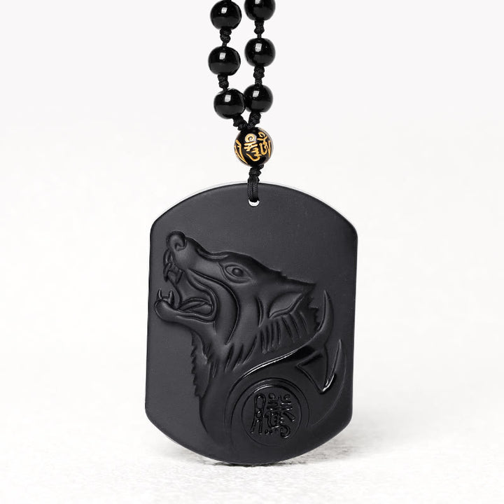 Buddha Stones Ketting met wolfmotief van zwarte obsidiaansteen - image 0