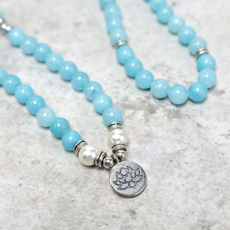Buddha Stones Natuurlijke Amazonietsteen Healing Lotus Mala Armband - image 3