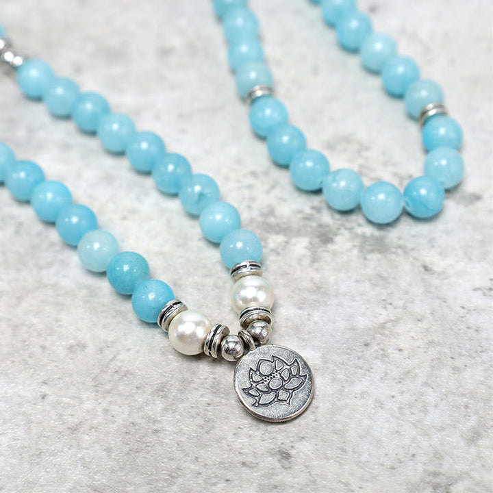 Buddha Stones Natuurlijke Amazonietsteen Healing Lotus Mala Armband - image 3