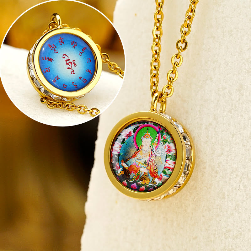 Buddha Stones Tibetaanse gele god van rijkdom, groene Tara Boeddha, sereniteit, Ketting van titaniumstaal - Voorzijde Padmasambhava Bodhisattva Achtermantra - image 11