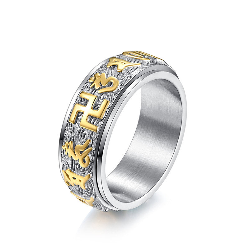 Buddha Stones Ring van titaniumstaal met de tekst "Zes Ware Woorden" voor Balans en Rust. - Zilver &amp; Goud - US12 - image 2