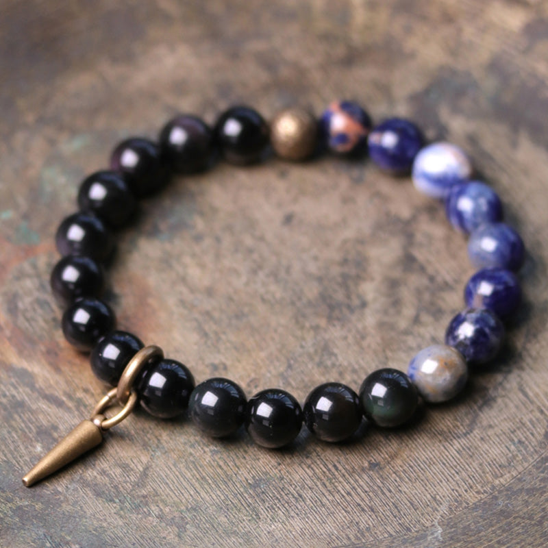 Buddha Stones Armband voor koppels met zwarte obsidiaan, sodaliet en koperen kristallen. - Zwarte obsidiaan en sodaliet - 18 cm - image 0
