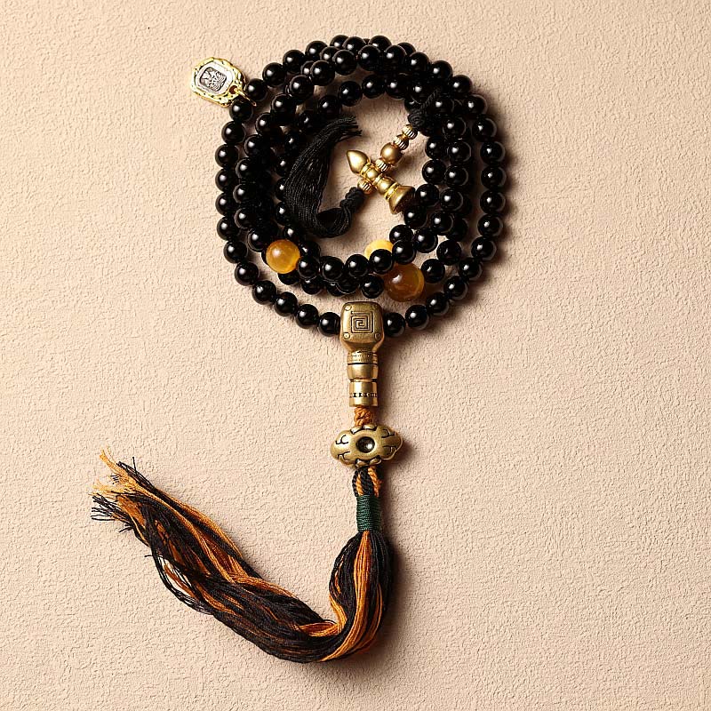 Buddha Stones Tibetaanse Mala met 108 kralen, zwarte onyx en tijgeroogkralen, Armband met negen paleizen (Bagua-symbool). - Zwarte onyx en kwastjes - 8mm - image 0