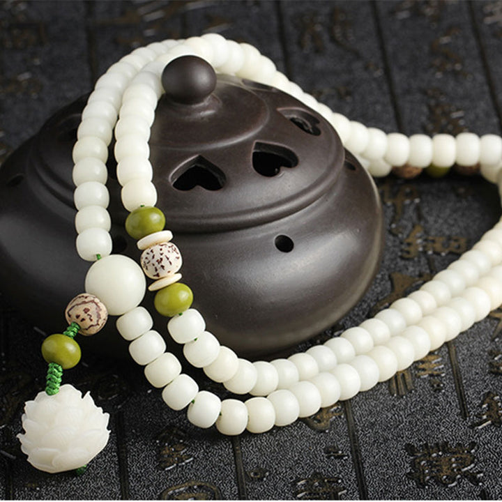 Buddha Stones Witte jade Bodhi Lotus Mala Harmonie Ketting en Armband - image 21