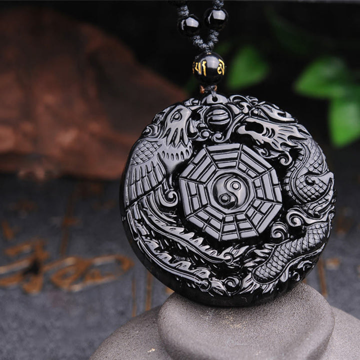 Buddha Stones Bagua Draak Feniks Obsidiaan Vervulling Hanger Ketting - image 8