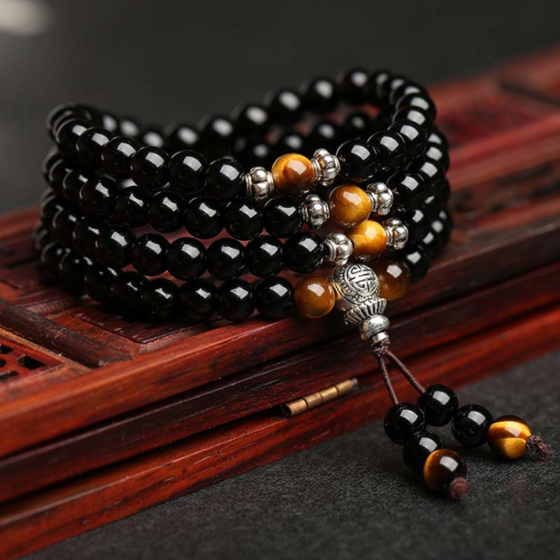 Buddha Stones Zwarte obsidiaan tijgeroog zegen Mala Armband - Zwarte obsidiaan 6mm*120 (heren) - image 0