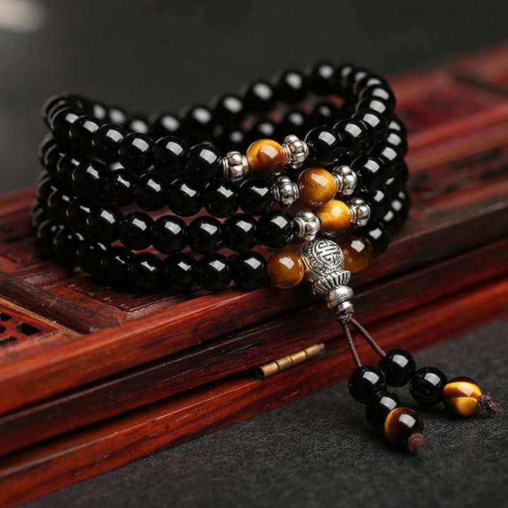 Buddha Stones Zwarte obsidiaan tijgeroog zegen Mala Armband - Zwarte obsidiaan 6mm*120 (heren) - image 0