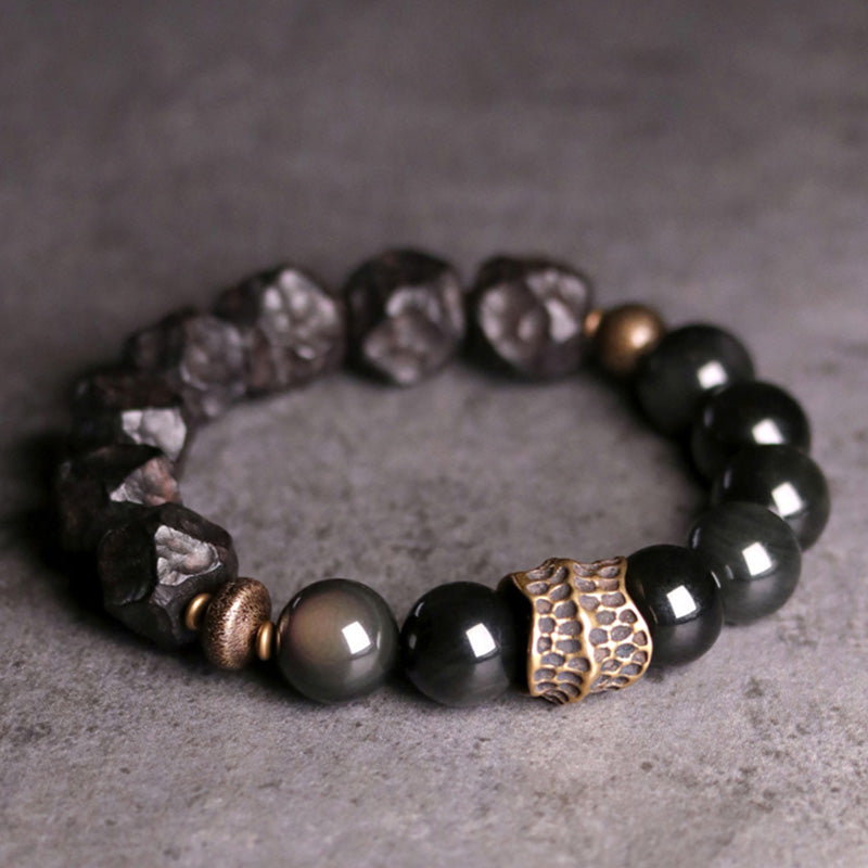 Buddha Stones Armband voor koppels, gemaakt van zwart obsidiaan, ebbenhout en koper. - 18 cm - image 0