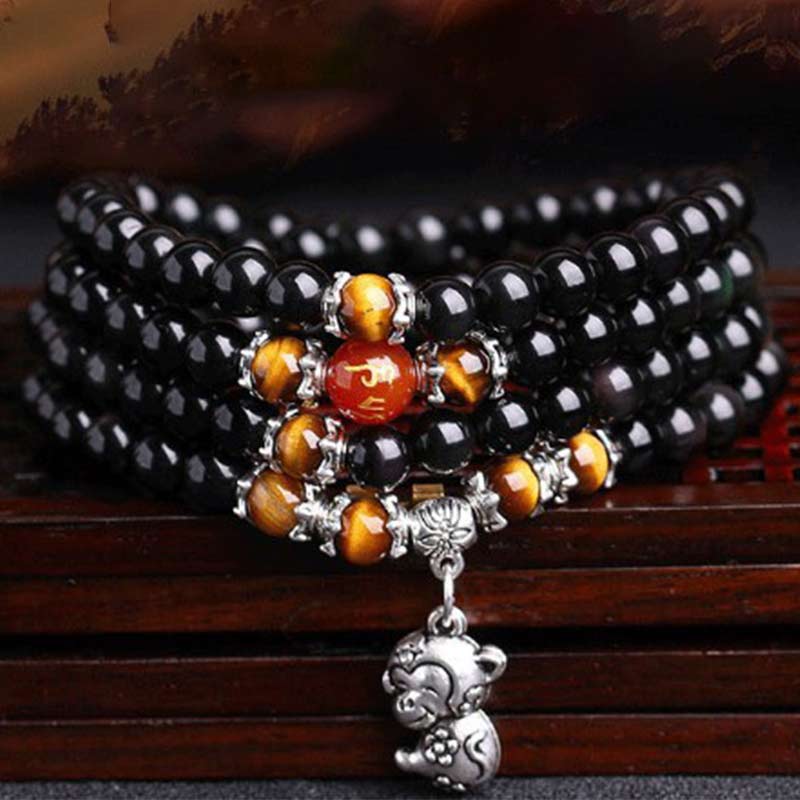 Chinese dierenriem 108 kralen zwarte obsidiaan tijgeroog Mala Armband - image 8