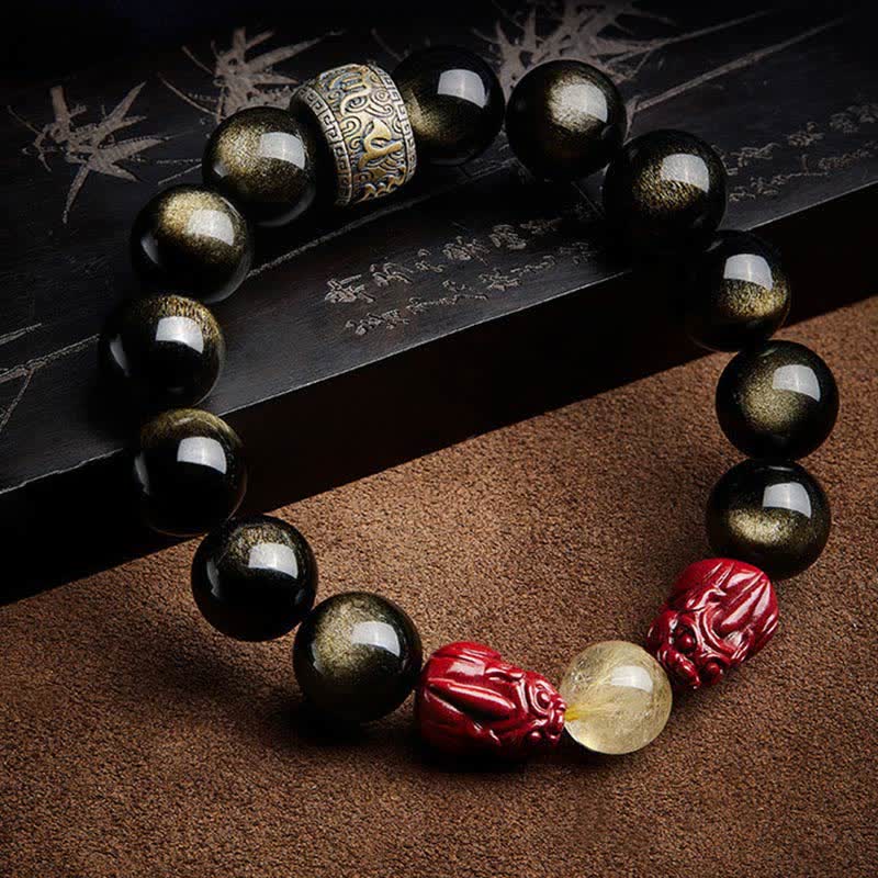 Buddha Stones Gouden glans obsidiaan PiXiu cinnaber Om Mani Padme Hum Armband - image 1