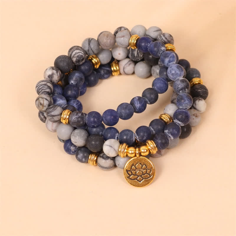 Buddha Stones 108 Mala kralen Sodalite Zebra Jaspis Kristal Lotus Armband - Sodaliet &amp; Zebra Jaspis - image 0