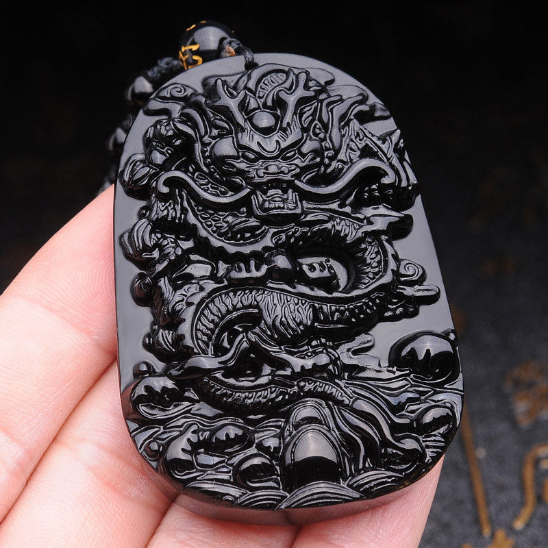 Buddha Stones Ketting met draak en symbool van vervulling van zwarte obsidiaansteen - image 2